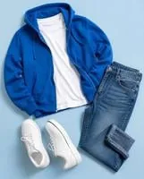 A blue zip-up hoodie, white shirt, jeans and white sneakers laid out flat on a light blue background